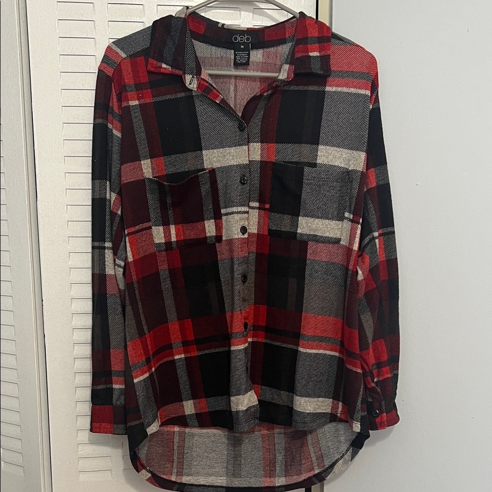 Women’s 1X Red and Black Plaid Button Down Shirt